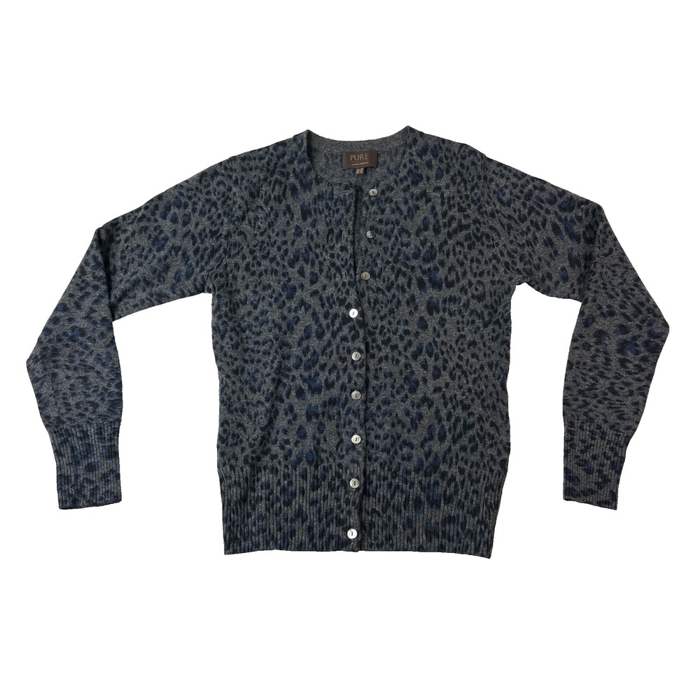 Pure Collection 100% Cashmere Leopard Print Cardigan Gray‎ Black Sz 2 Minimalist